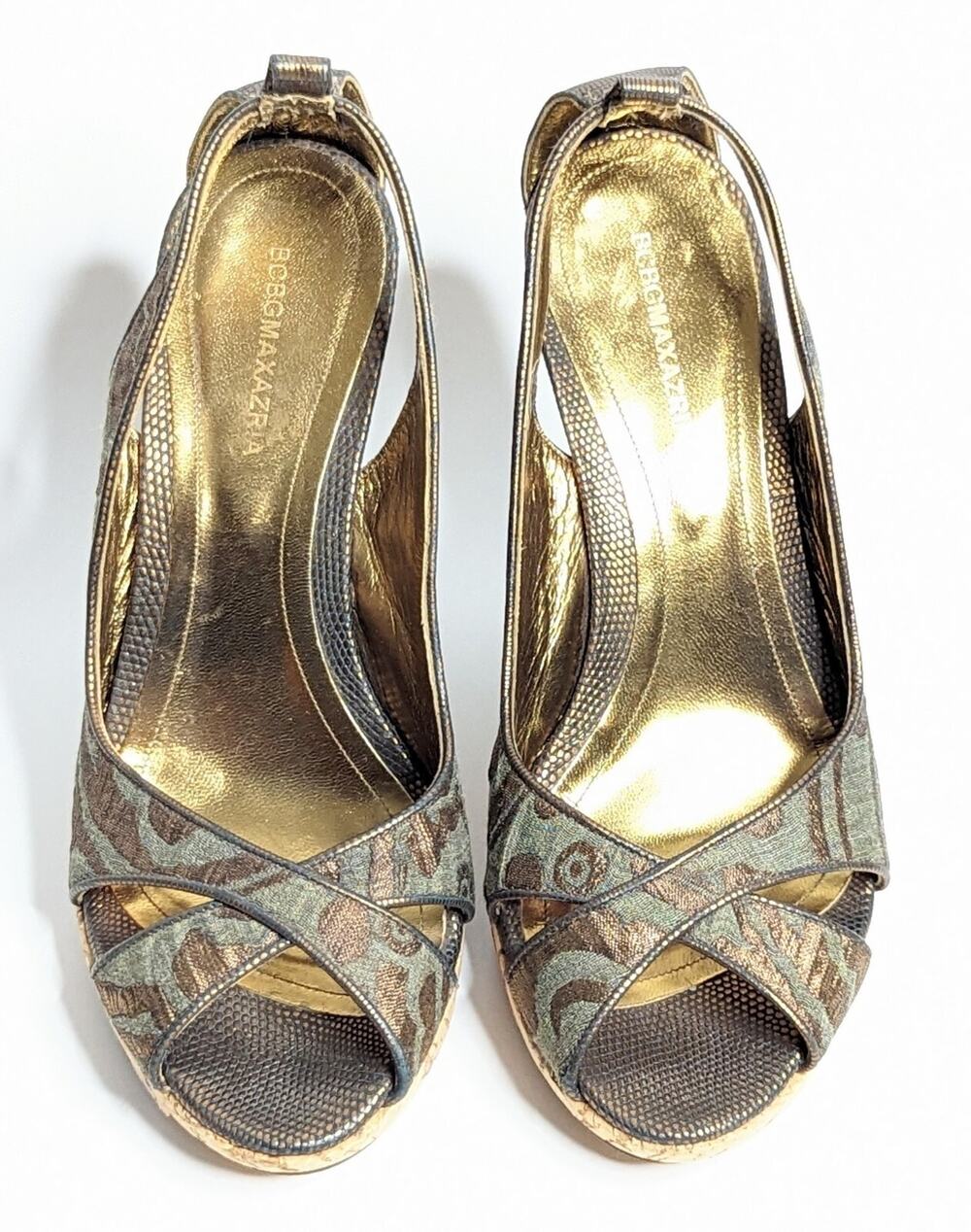 BCBG MAXAZRIA SHOES Golden cork wedge platform Slip On Sandals 7.5